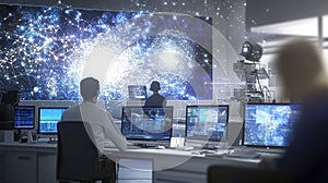 Scientists analyzing data in a high-tech research lab with advanced screens displaying complex visualizations