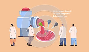 scientists analyzing meat grinder and cultured raw red meat made from animal cells artificial lab grown meat production