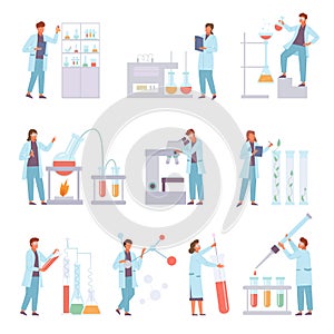 Scientists biochemical conduct laboratory experiments set. Data microscopy biodistillation titration checking molecular