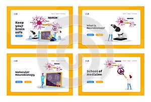 Scientists Characters Learn Human Brain Landing Page Template Set. Neurobiology Laboratory with Scheme Dendrite Cells