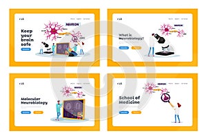 Scientists Characters Learn Human Brain Landing Page Template Set. Neurobiology Laboratory with Scheme Dendrite Cells photo