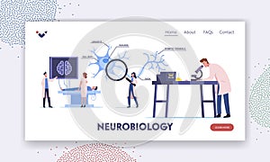 Scientists Characters Learning Human Brain in Laboratory Landing Page Template. People in Lab with Scheme of Dendrite