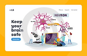 Scientists Characters Learning Human Brain Landing Page Template. Neurobiology Laboratory with Scheme Dendrite Cell Body