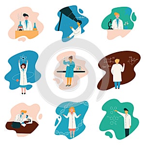 Scientists Characters Wearing White Coats Working at Researching Lab, Biologist Set, Physicist, Astronomer, Gene