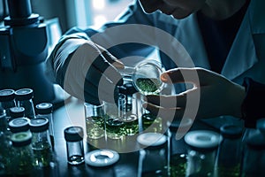 Scientists checking testing lab result in each bottle of food technology laboratory conducting research