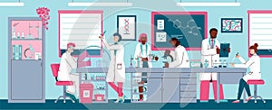 Scientists in chemical or pharmaceutical laboratory, flat vector illustration.