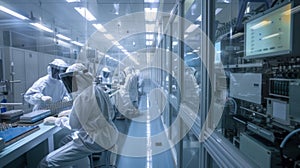 Scientists in cleanroom suits working in a high-tech laboratory environment