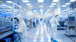 Scientists in cleanroom suits working in a high-tech laboratory facility