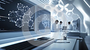 Scientists analyzing data in futuristic lab environment