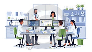 Scientists collaborate in modern laboratory analyzing data on computers