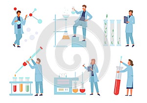 Scientists conduct biochemical experiments laboratory set. Checking molecular structure coronovirus color vaccine