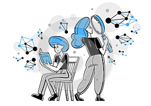 Scientists discovering science molecules and making experiments vector outline illustration, laboratorial science research or