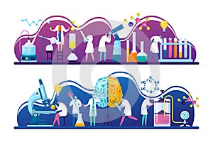 Scientists discovery research in chemistry, biology or medicine vector illustration. Brain science researching