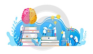 Scientists discovery research in chemistry, biology or medicine vector illustration. Brain science researching