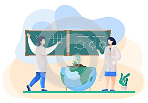 Scientists discuss formulas. Chemical researchers with investigations. Science experiment in lab