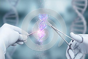 Gloved hands manipulate glowing DNA for genetic engineering.