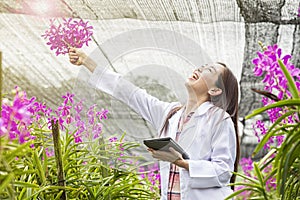 Scientists are enjoying their work. Positive young asian at gardening specialist in orchids. botanist or biologist holding tablet