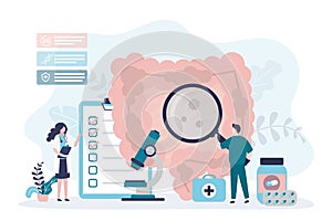 Scientists examining diseased intestine using different medical tools. Doctor with magnifying glass diagnoses internal organ