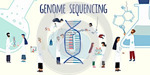 Scientists exploring, working by human genome project. CRISPR- Cas9. Genome sequencing, research, genetic engineering concept. Big