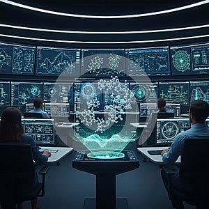 Scientists in a futuristic control room analyzing complex data and molecular structures on