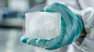 A scientists gloved hand carefully holds a small block of aerogel featuring a porous and lightweight structure. material
