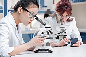 Scientists group working with microscopes and smartphone in chemical lab