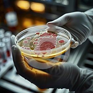 Scientists hand holds petri dish with bacteria culture for study