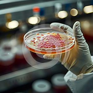 Scientists hand holds petri dish with bacteria culture for study