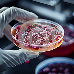 Scientists hand holds petri dish with bacteria culture for study