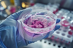 Scientists hand holds petri dish with bacteria culture for study