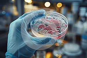 Scientists hand holds petri dish with bacteria culture for study