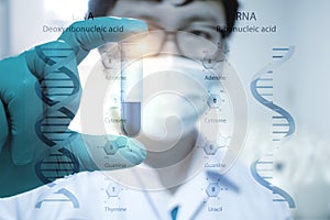 Scientists hold virtual screen test tubes filled with RNA and DNA structure infographics and technology icons