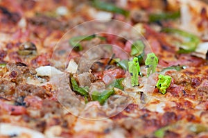 Scientists inspecting giant pizza. Unhealthy food concept