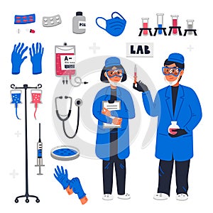 Scientists in lab. Healthcare researchers working in science laboratory. Female and male scientists and lab equipment