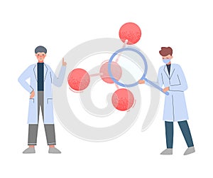 Scientists in Lab, Men in White Coat Analyzing Molecular Structure with Magnifying Gass Flat Style Vector Illustration