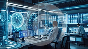 A group of scientists are working on computers in a lab AIG41