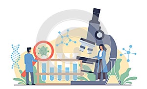 Scientists with magnifying glass and microscope. Bacteriological laboratory, studying viruses, microbiology and