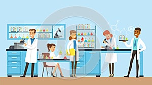 Scientists man and woman conducting research in a lab, interior of science laboratory, vector Illustration