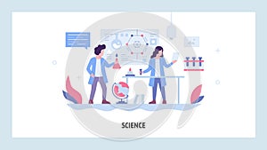Scientists man and woman doing research in lab. Chemical laboratory interior, equpment, flask. Vector web site design