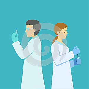 Scientists, man and woman hold pipets and tubes in hands and carry out molecular biology biotechnology research.