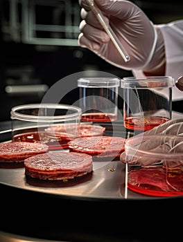 Scientists meticulously working with petri dishes containing growing strands of labgrown meats.. AI generation