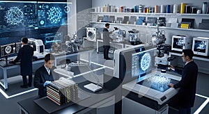 Scientists in Modern Lab Analyzing Complex Data