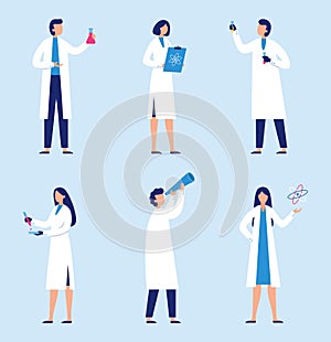 Scientists people man and woman doctor nurses