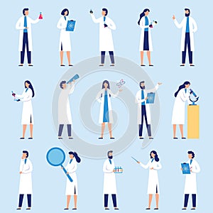 Scientists people. Science lab worker, chemical researchers and scientist professor character flat vector set