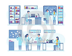 Scientists people work on research, experiments in scientific laboratory, vector illustration set.