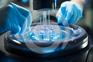 Scientists precise work, Centrifuging microcentrifuge tubes for clinical analysis and oncol research
