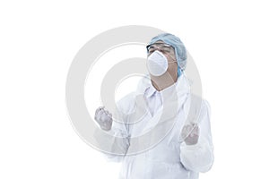 Scientists in protective clothing wearing celebrating