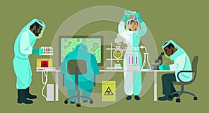 Scientists in protective suits are working with bio hazardous substances. Virologists are carrying out research in the