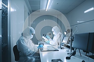 scientists in protective suits working with microscopes in modern laboratory. Biologists are working in a professional IVF