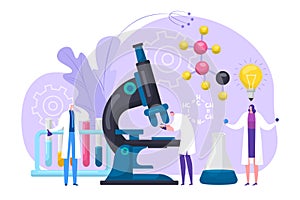 Scientists research in chemical or medical lab concept, vector illustration. Science, chemistry, biology, pharmacy and